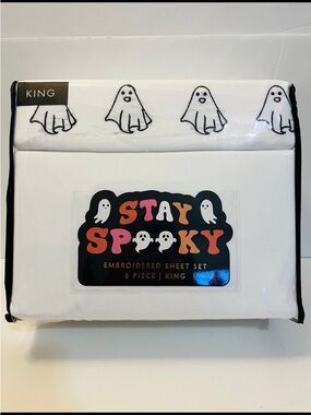 Stay Spooky Embroidered Ghosts Halloween King Size 6 Piece Sheet Set